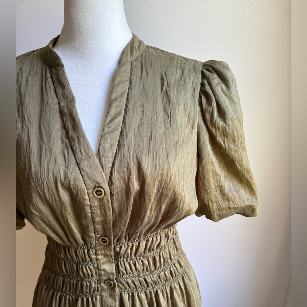 Zarr Collection Olive Green Maxi Women’s Dress Button Front Puff Sleeves Size 6 - Picture 5 of 7